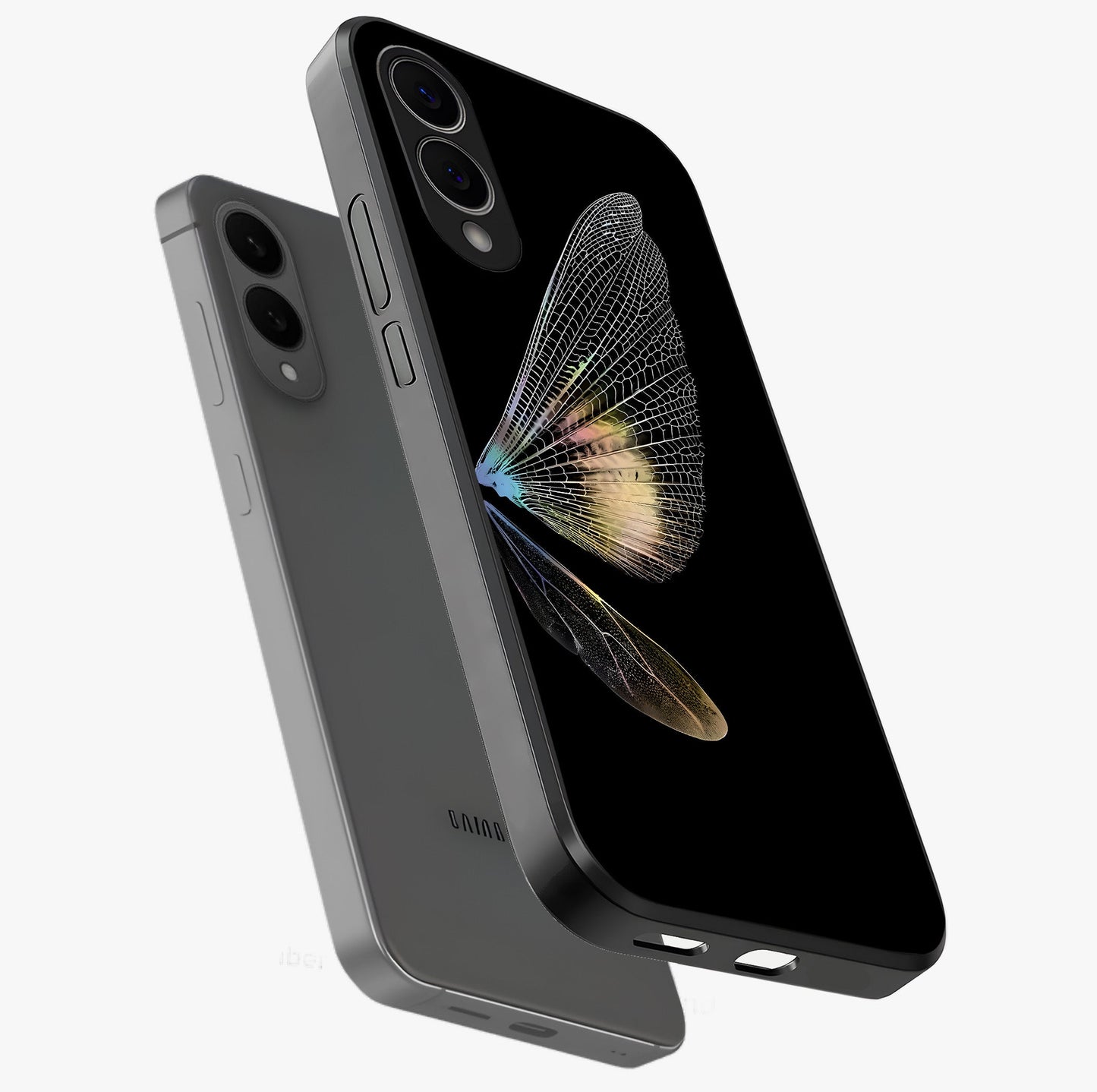 Whispers Of Wings Glass Case displayed in angled mockup highlighting soft feather design with celestial aesthetic style.