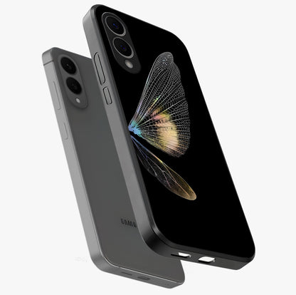 Whispers Of Wings Glass Case displayed in angled mockup highlighting soft feather design with celestial aesthetic style.