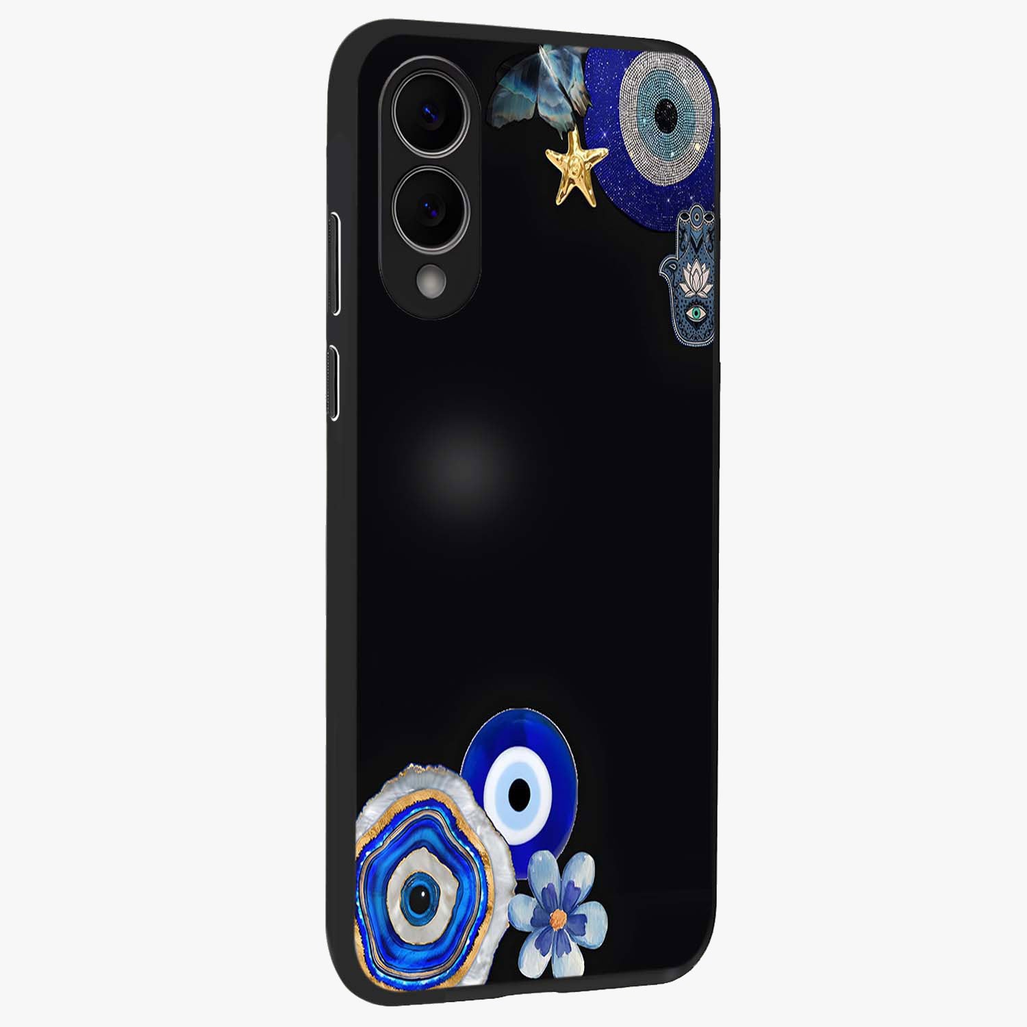 Aesthetic Blue Evil Eye Glass Case upright view showcasing mystical evil eye graphic with minimal aesthetic style.