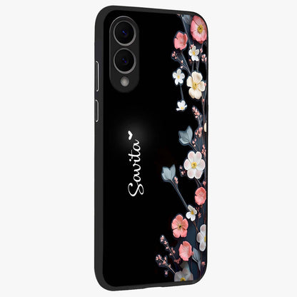 Black Elegance Floral Custom Name Glass Case upright view showcasing luxurious black floral design with personalized name detail.