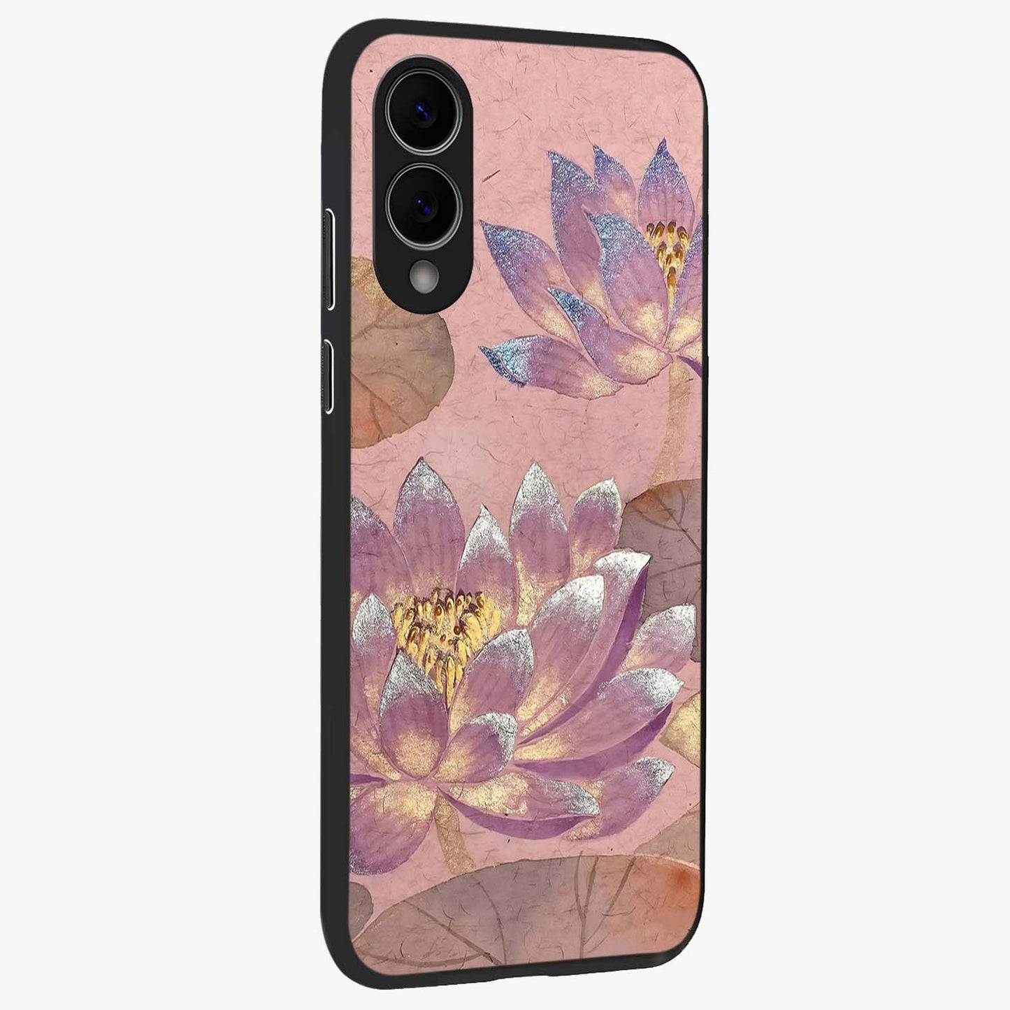 Blossom Mist Lotus Glass Case upright view showcasing graceful lotus flower design with peaceful botanical style.