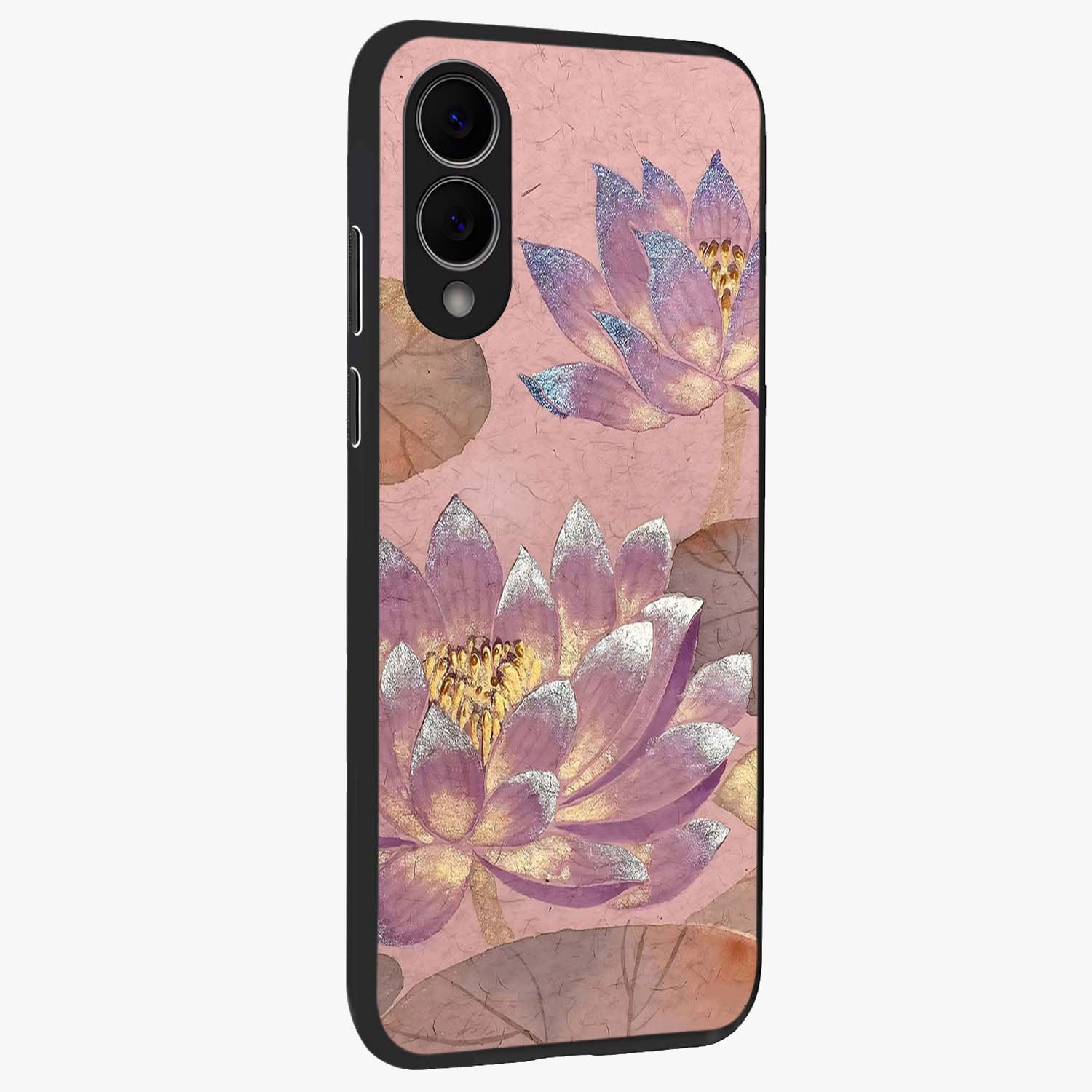 Blossom Mist Lotus Glass Case upright view showcasing graceful lotus flower design with peaceful botanical style.