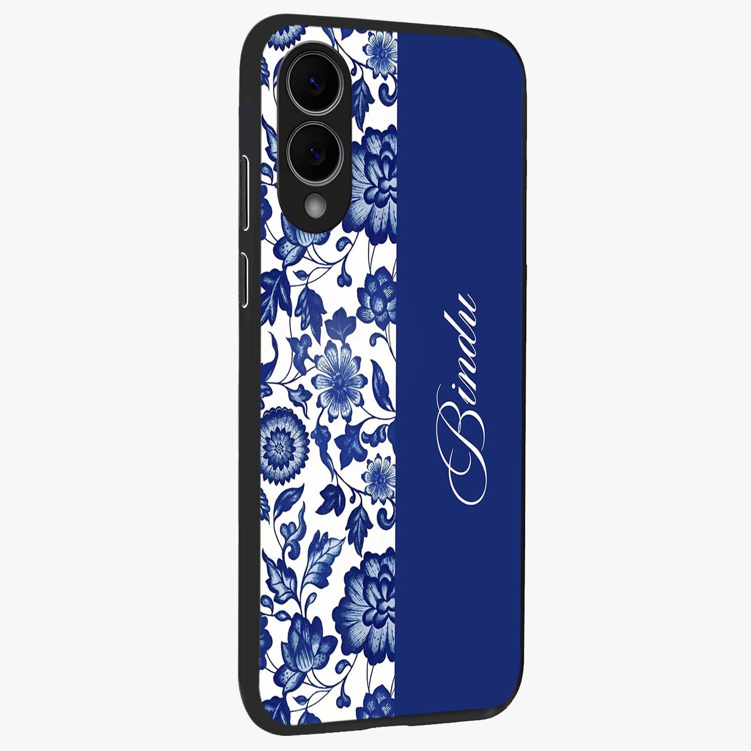 Blue Vintage Floral Pattern Glass Case upright view showcasing delicate blush floral texture with modern minimal style.