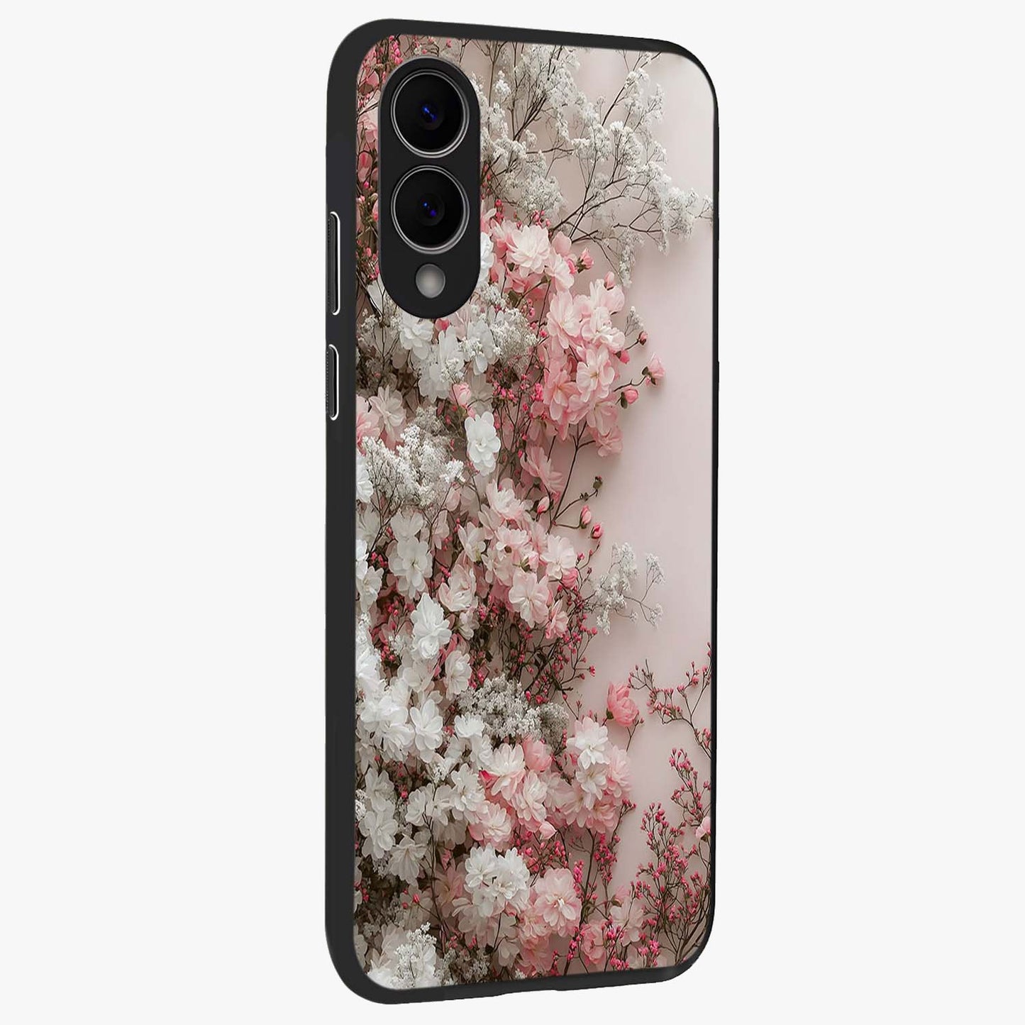 Blush Blossom Cloud Glass Case upright view showcasing calm floral cloud artwork with gentle dreamy theme.