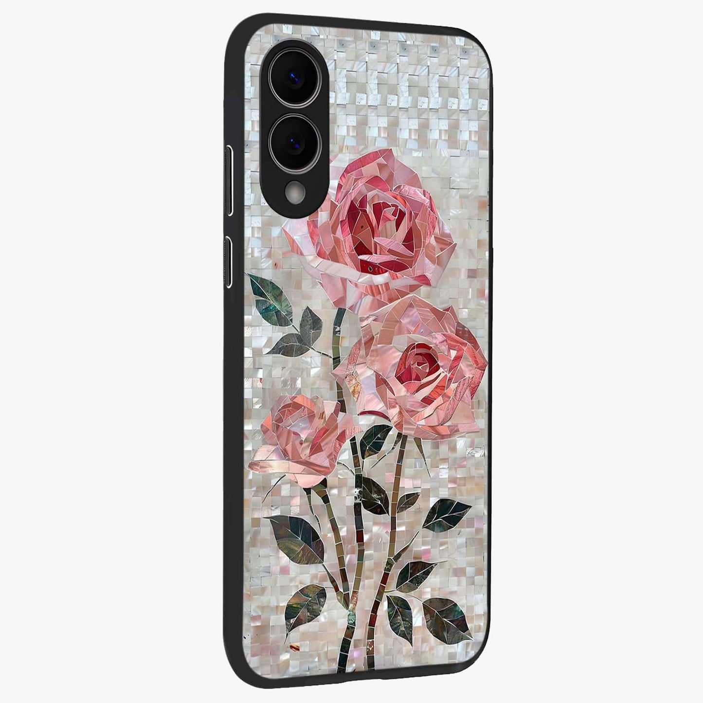 Blush Mosaic Bloom Glass Case upright view showcasing decorative floral mosaic artwork with stylish modern aesthetic.