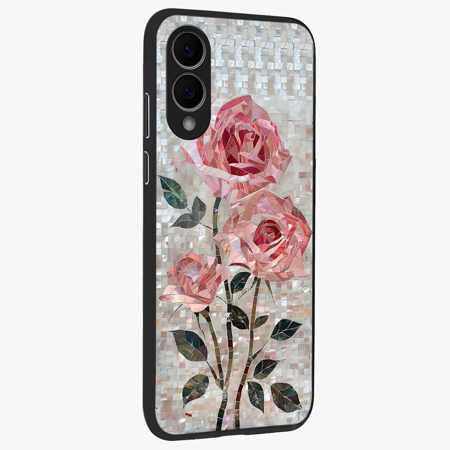 Blush Mosaic Bloom Glass Case upright view showcasing decorative floral mosaic artwork with stylish modern aesthetic.