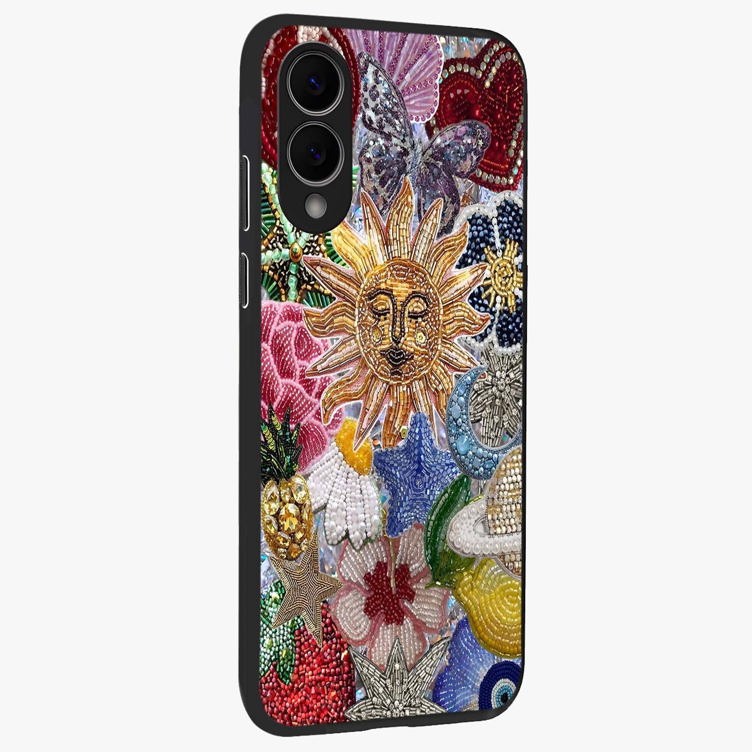 Celestial Floral and Playful Glass Case upright view showcasing whimsical floral artwork with cosmic aesthetic theme.