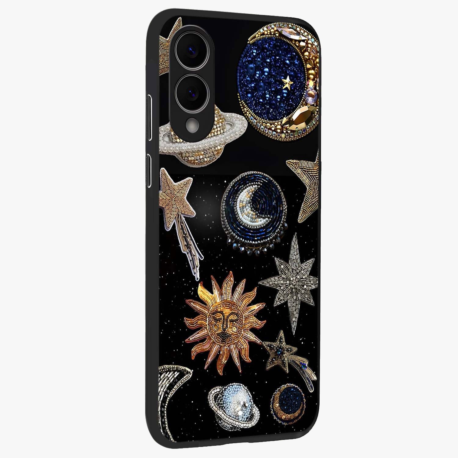 Celestial Gem Constellations Glass Case upright view showcasing cosmic constellation artwork with celestial aesthetic style.