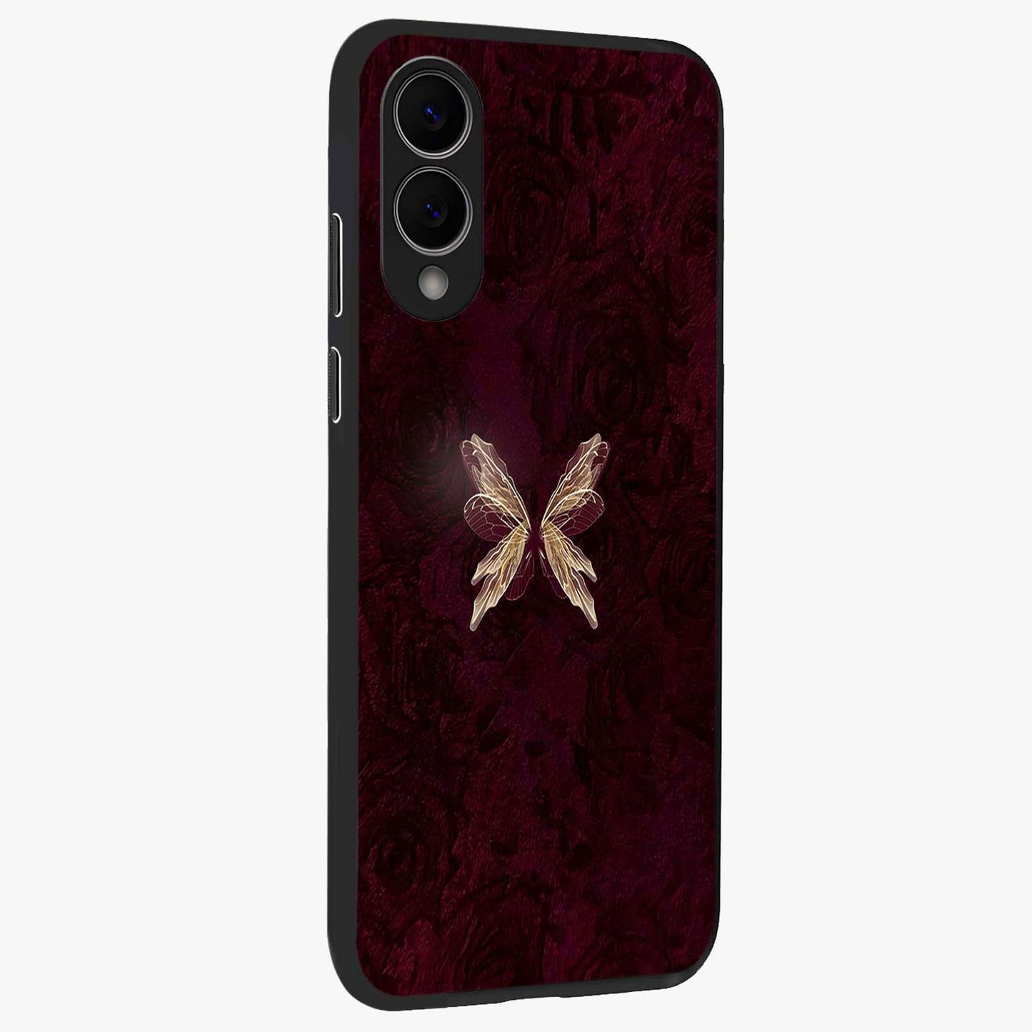 Crimson Fade Butterfly Glass Case upright view showcasing graceful butterfly artwork with soft crimson fade effect.