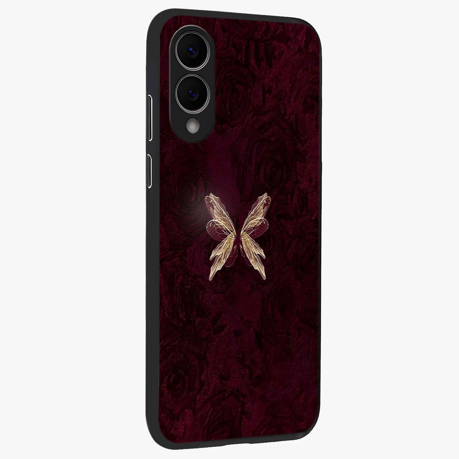 Crimson Fade Butterfly Glass Case upright view showcasing graceful butterfly artwork with soft crimson fade effect.