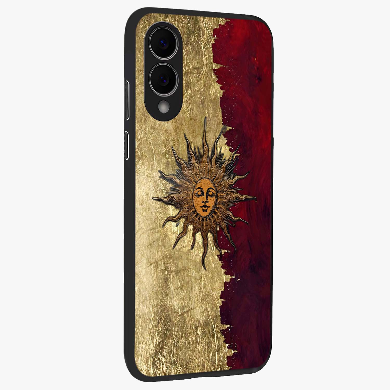 Crimson Sun Majesty Glass Case upright view showcasing vibrant sun artwork with powerful celestial theme.