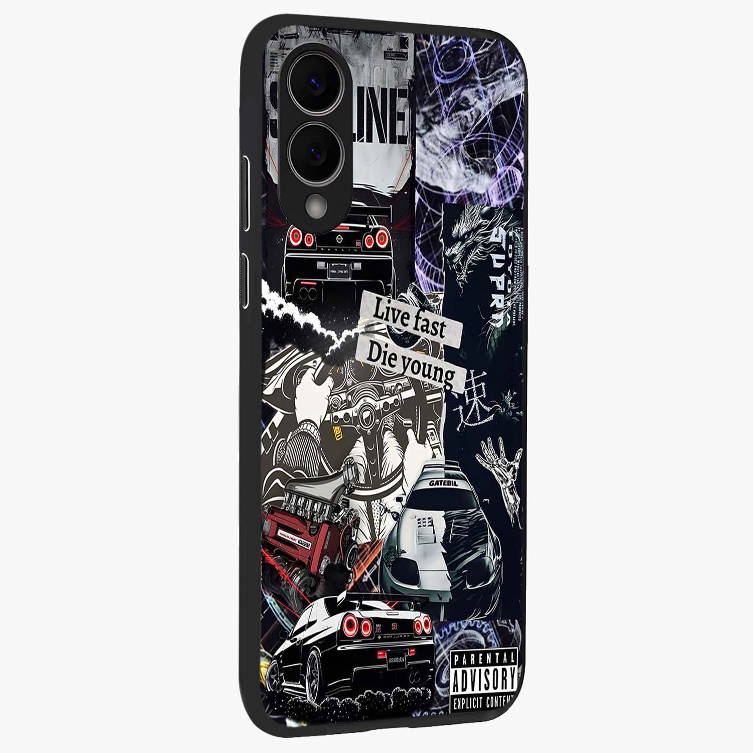 Die Young Glass Case upright view showcasing striking typography artwork with modern statement theme.