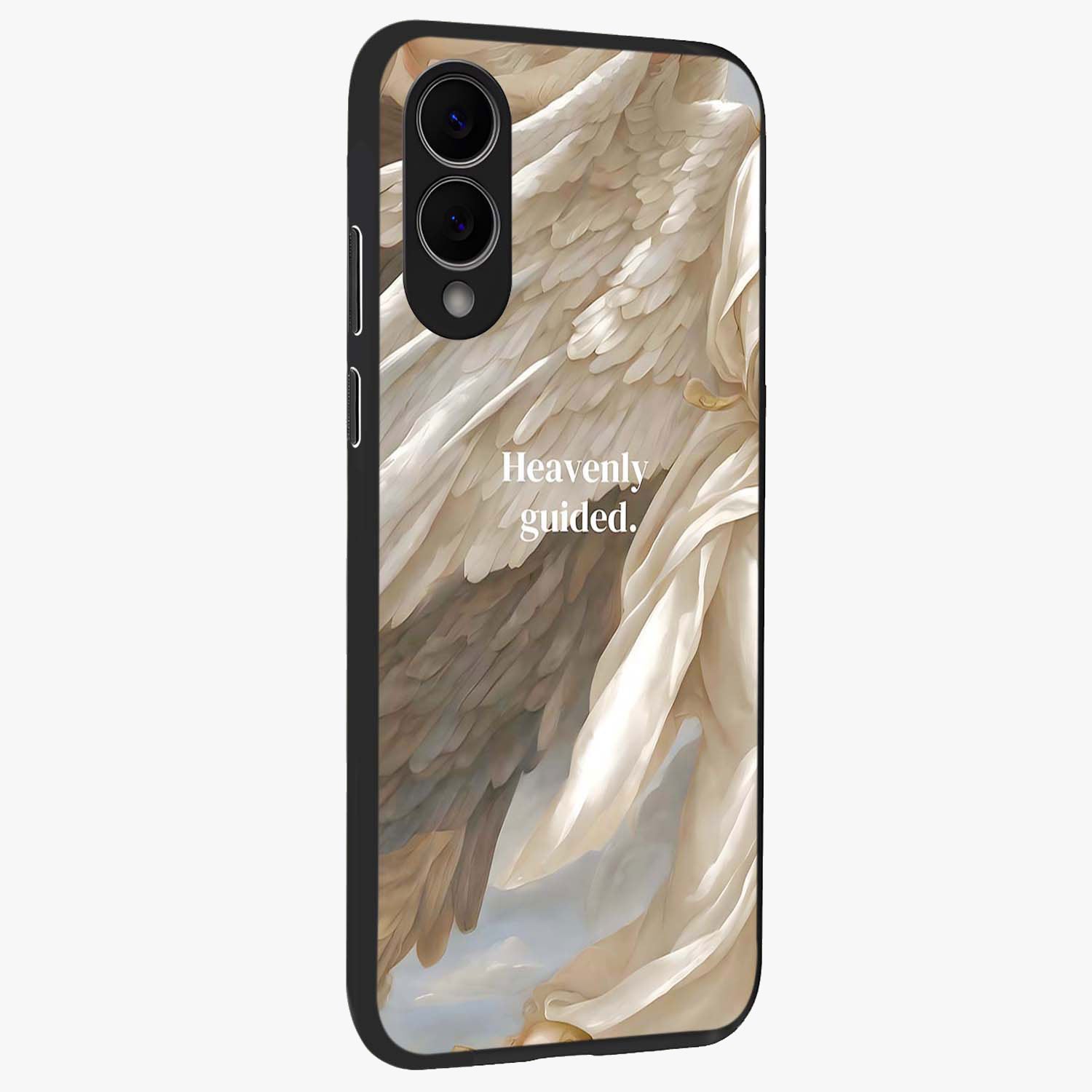 Divine Winged Grace Glass Case upright view showcasing spiritual wing artwork with soft celestial theme.