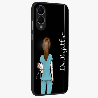 Doctor Pattern Custom Name Glass Case upright view showcasing healthcare themed design with personalized aesthetic.