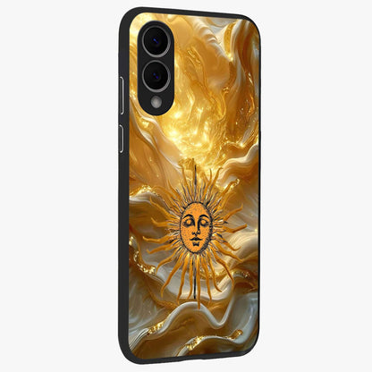 Eternal Golden Glow Glass Case upright view showcasing luminous golden artwork with luxurious visual theme.