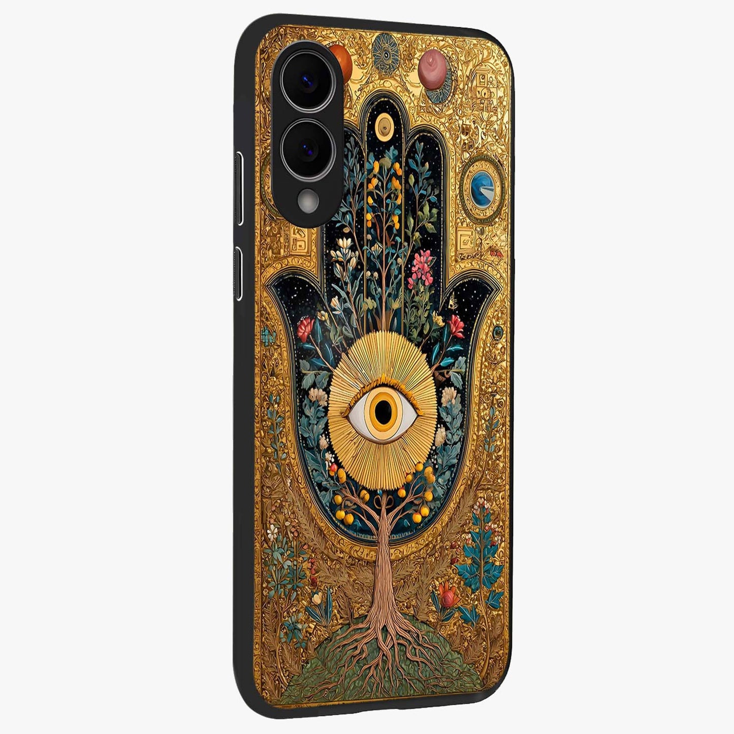 Ethereal Evil Eye Glass Case upright view showcasing celestial evil eye artwork with mystical theme.