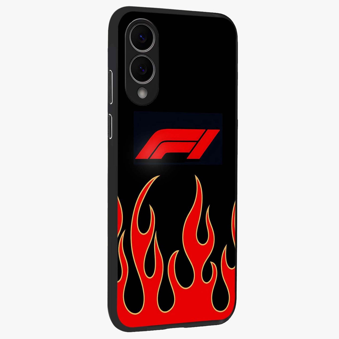 Fire F11 Glass Case upright view showcasing dynamic flame artwork with intense visual theme.