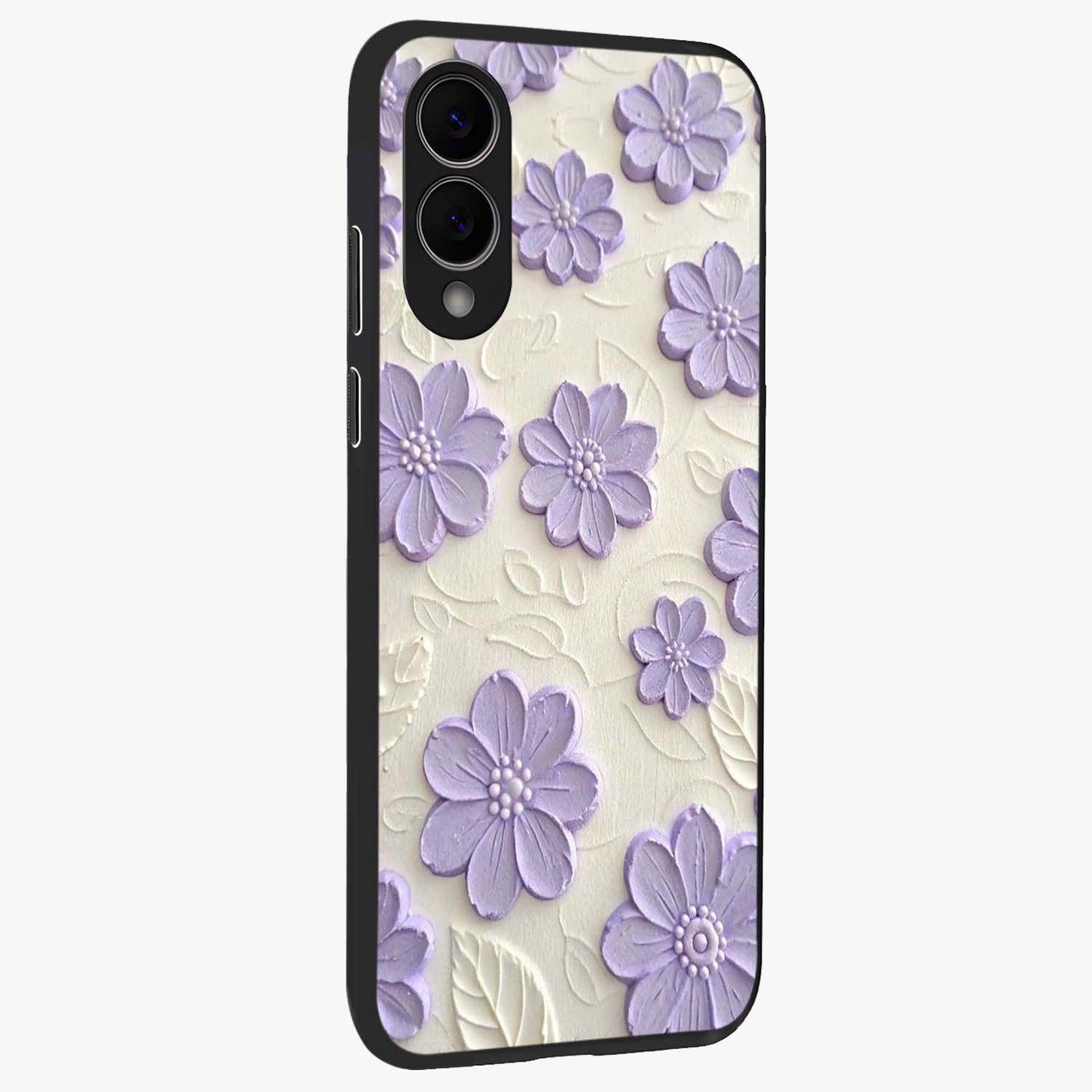 Floral Wall Art With Purple Flowers Glass Case upright view showcasing elegant purple flower artwork with decorative floral theme.