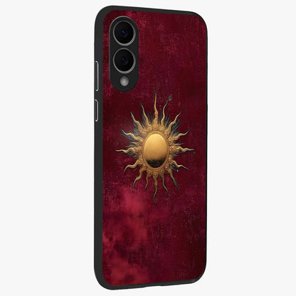 Golden Sun Minimalism Glass Case upright view showcasing simple golden sun artwork with elegant minimalist style.