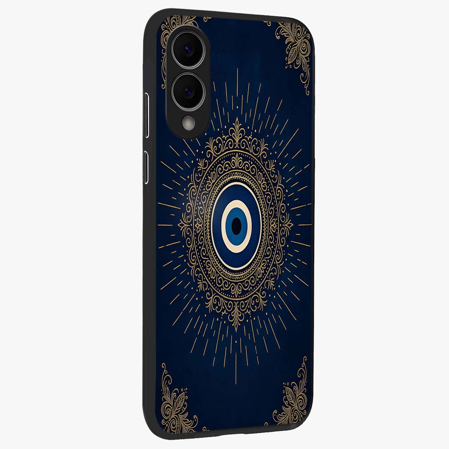 Golden Celestial Charm Glass Case upright view showcasing radiant celestial artwork with elegant golden theme.