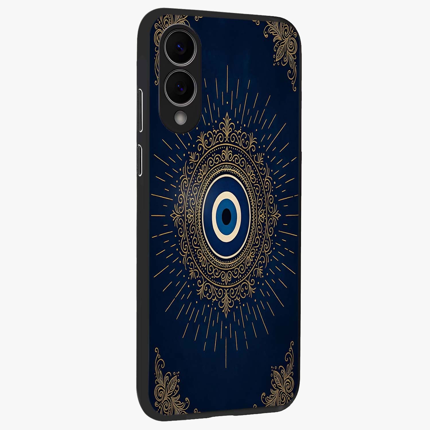 Golden Celestial Charm Glass Case upright view showcasing radiant celestial artwork with elegant golden theme.