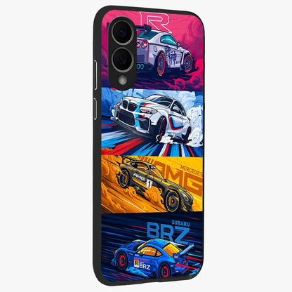 JDM Sports Car Glass Case upright view showcasing dynamic sports car artwork with bold racing theme.
