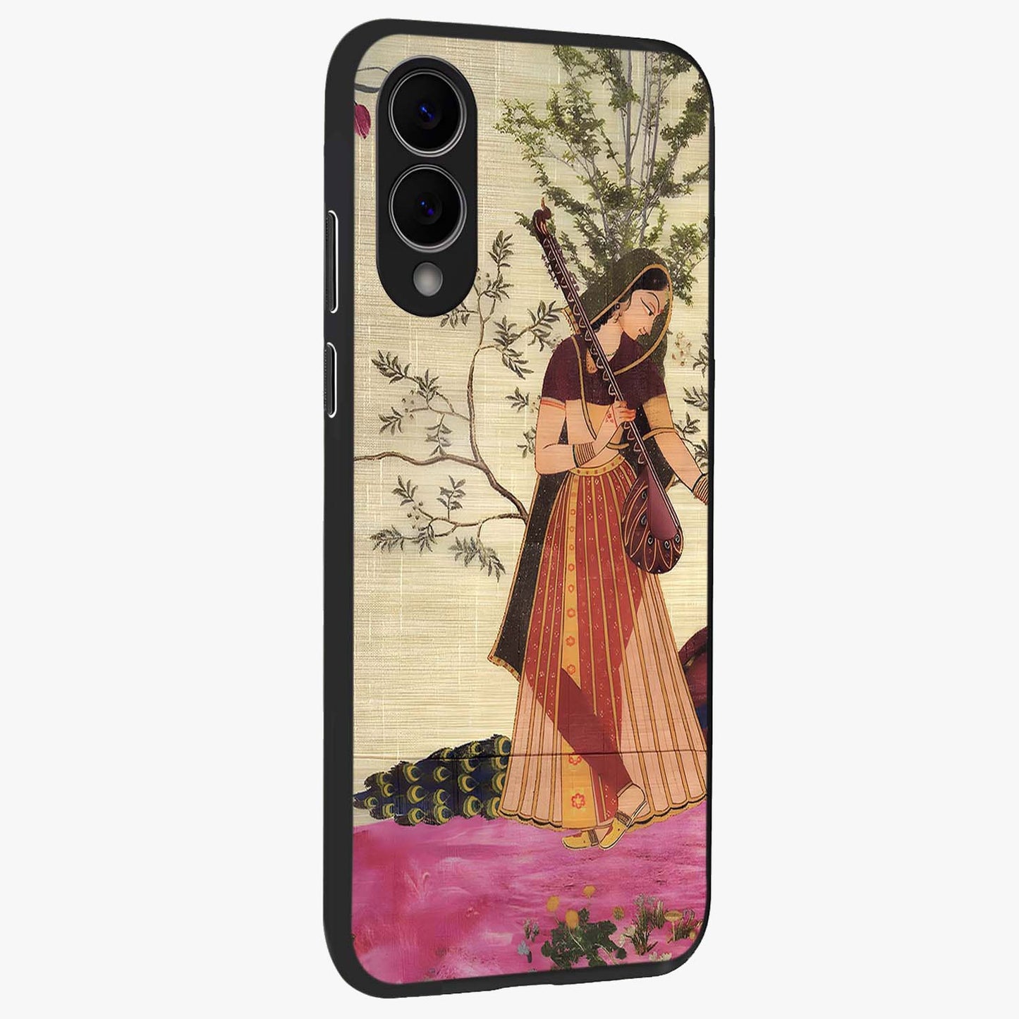 Lady With Veena Art Glass Case upright view showcasing classical veena artwork with traditional artistic theme.