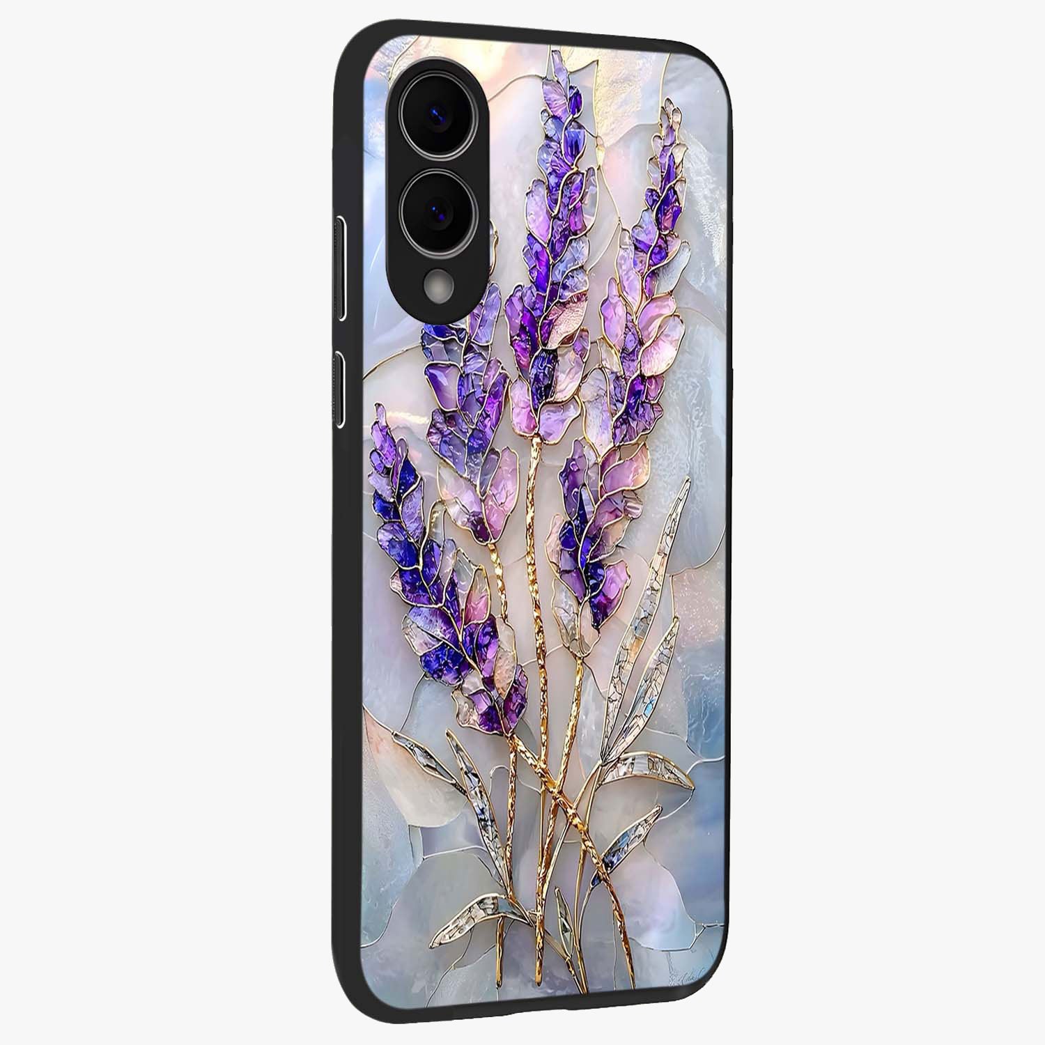 Lavender Dream Glow Glass Case upright view showcasing radiant lavender glow artwork with calming dreamy theme.
