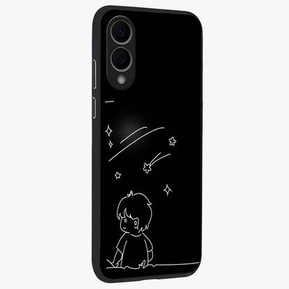 Line Art Boy With Shooting Stars Glass Case upright view showcasing artistic shooting star illustration with minimal style.