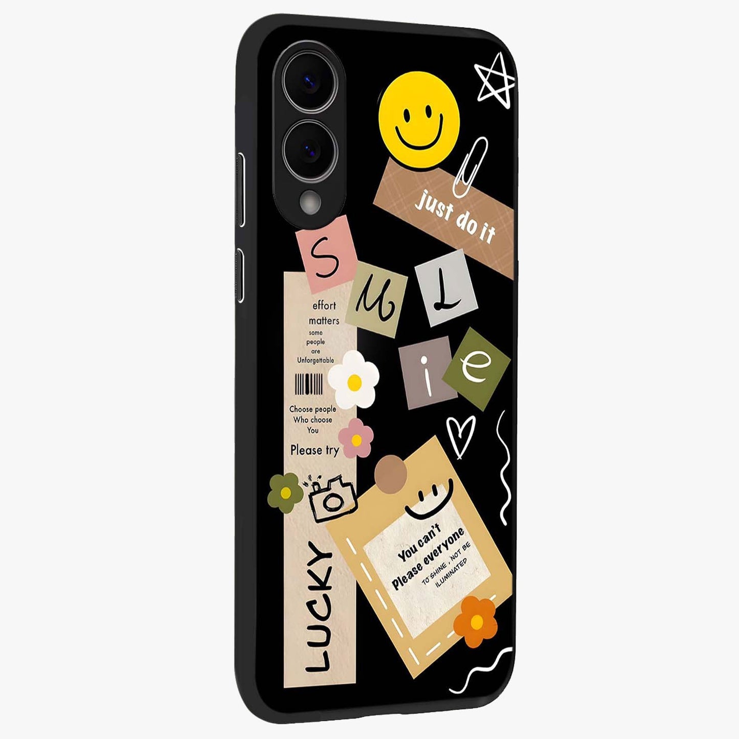 Lucky Aesthetic Collage Glass Case upright view showcasing vibrant collage artwork with youthful aesthetic theme.