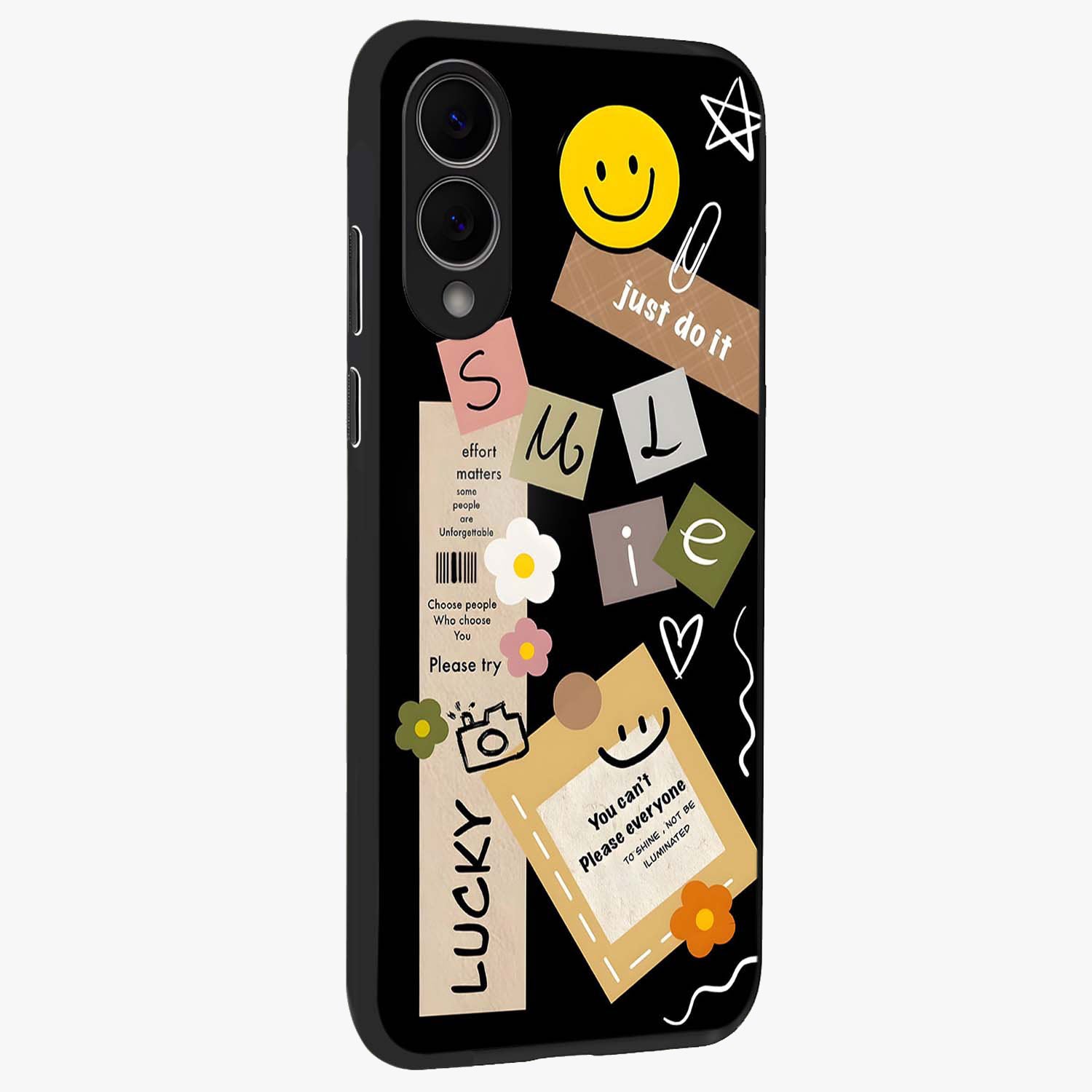 Lucky Aesthetic Collage Glass Case upright view showcasing vibrant collage artwork with youthful aesthetic theme.