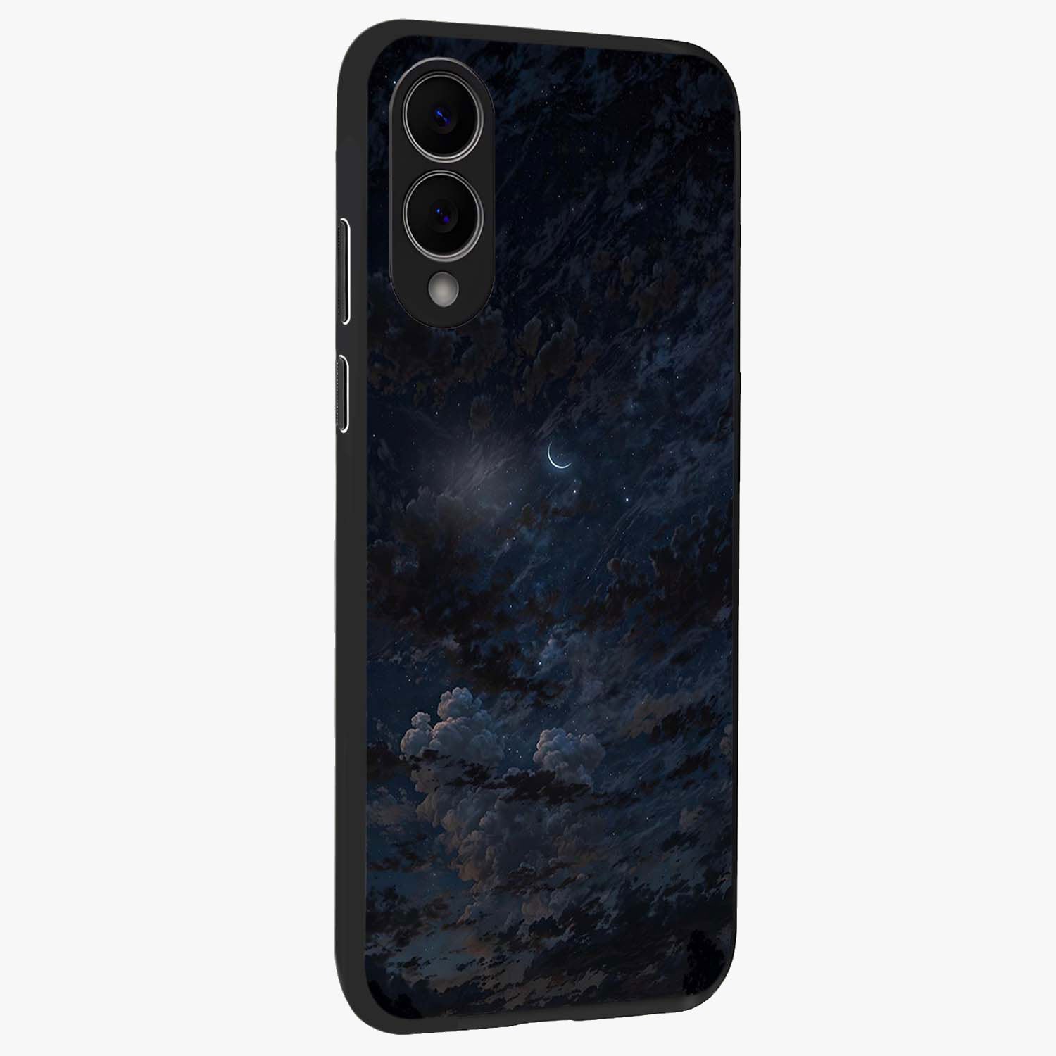 Lunar Veil Silence Glass Case upright view showcasing calm moon themed artwork with serene night atmosphere.