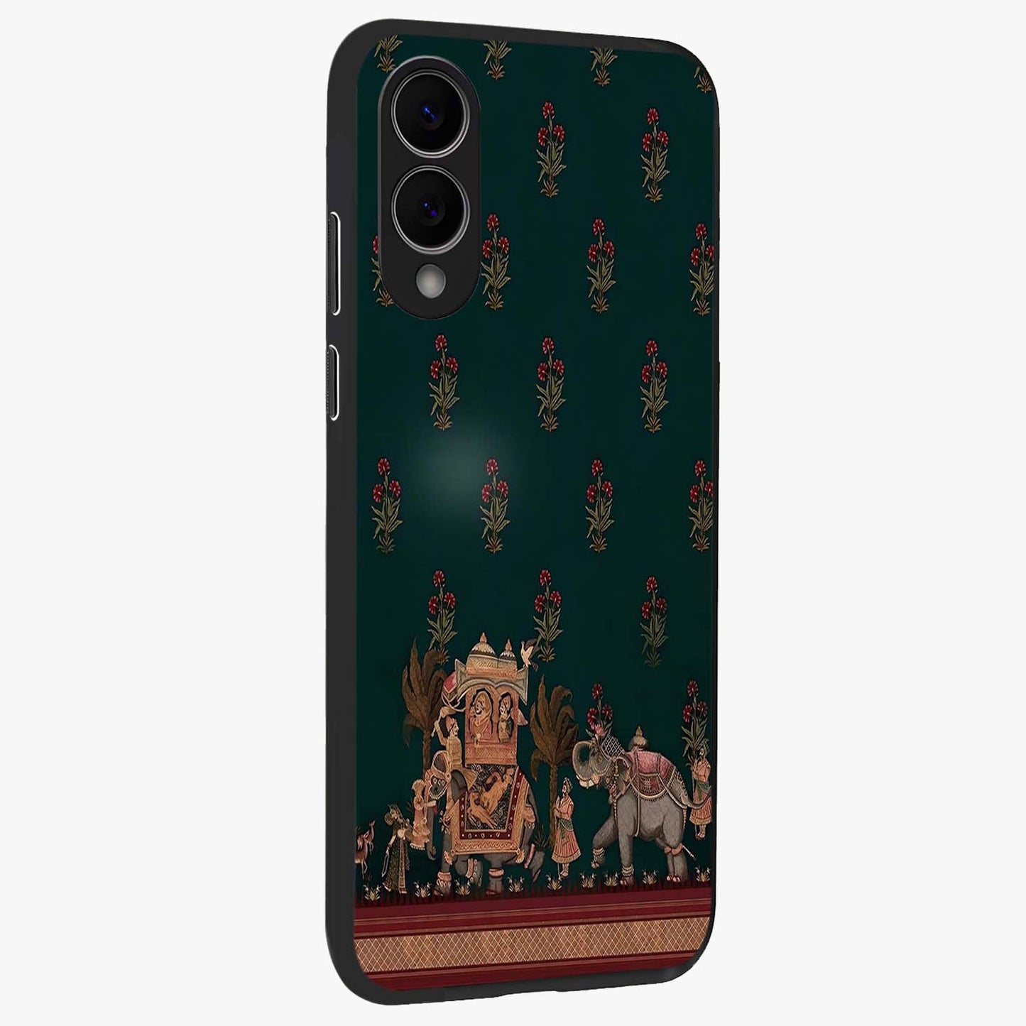 Macmerise Glass Case upright view showcasing bold artistic artwork with contemporary design theme.