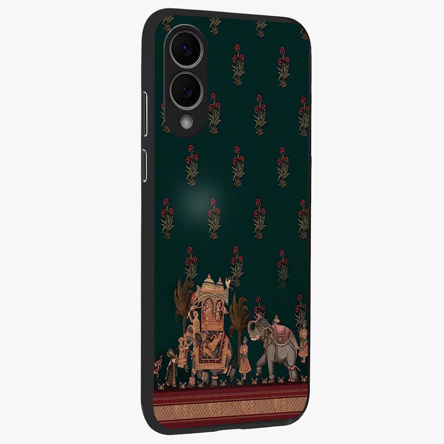 Macmerise Glass Case upright view showcasing bold artistic artwork with contemporary design theme.