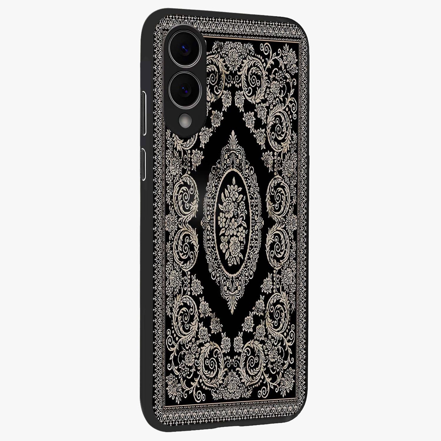 Noir Bloom Elegance Glass Case upright view showcasing graceful floral artwork with luxurious dark theme.