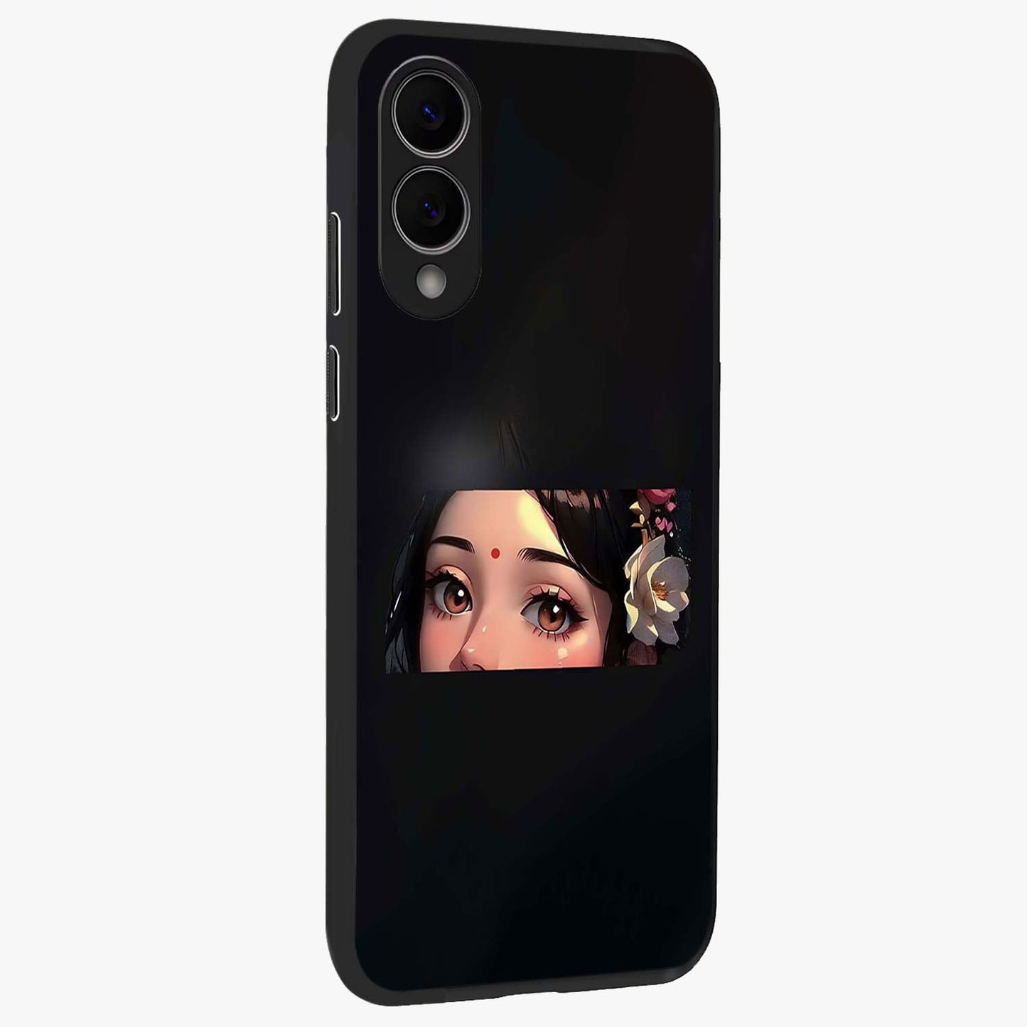 Radha Divine Embrace Glass Case upright view showcasing sacred Radha themed artwork with peaceful devotional style.