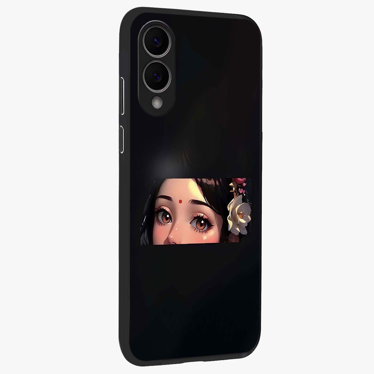 Radha Divine Embrace Glass Case upright view showcasing sacred Radha themed artwork with peaceful devotional style.