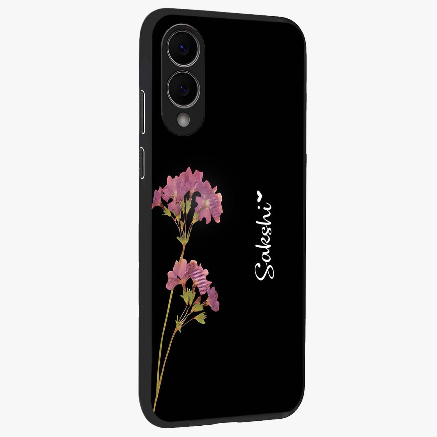 Riching Lavender Flower Custom Name Glass Case upright view showcasing elegant lavender floral artwork with personalized aesthetic.
