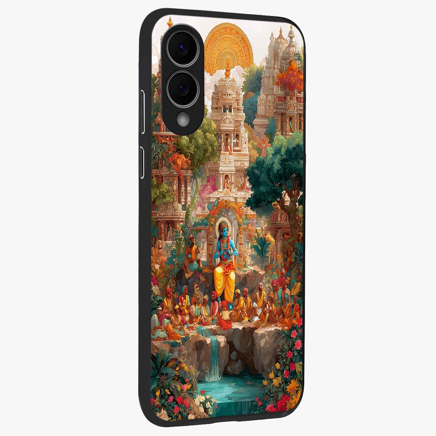 Sacred Sunlight Gods Glass Case upright view showcasing glowing divine artwork with sacred mythological theme.
