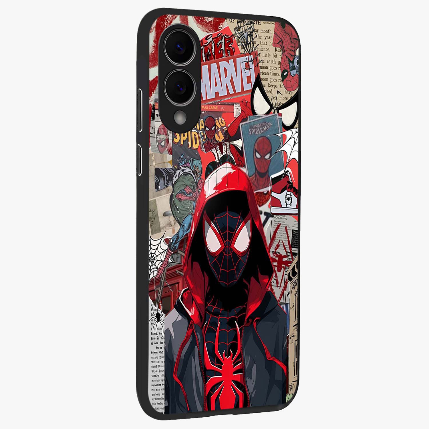 Spider Collage Street Glass Case upright view showcasing bold superhero artwork with urban street theme.