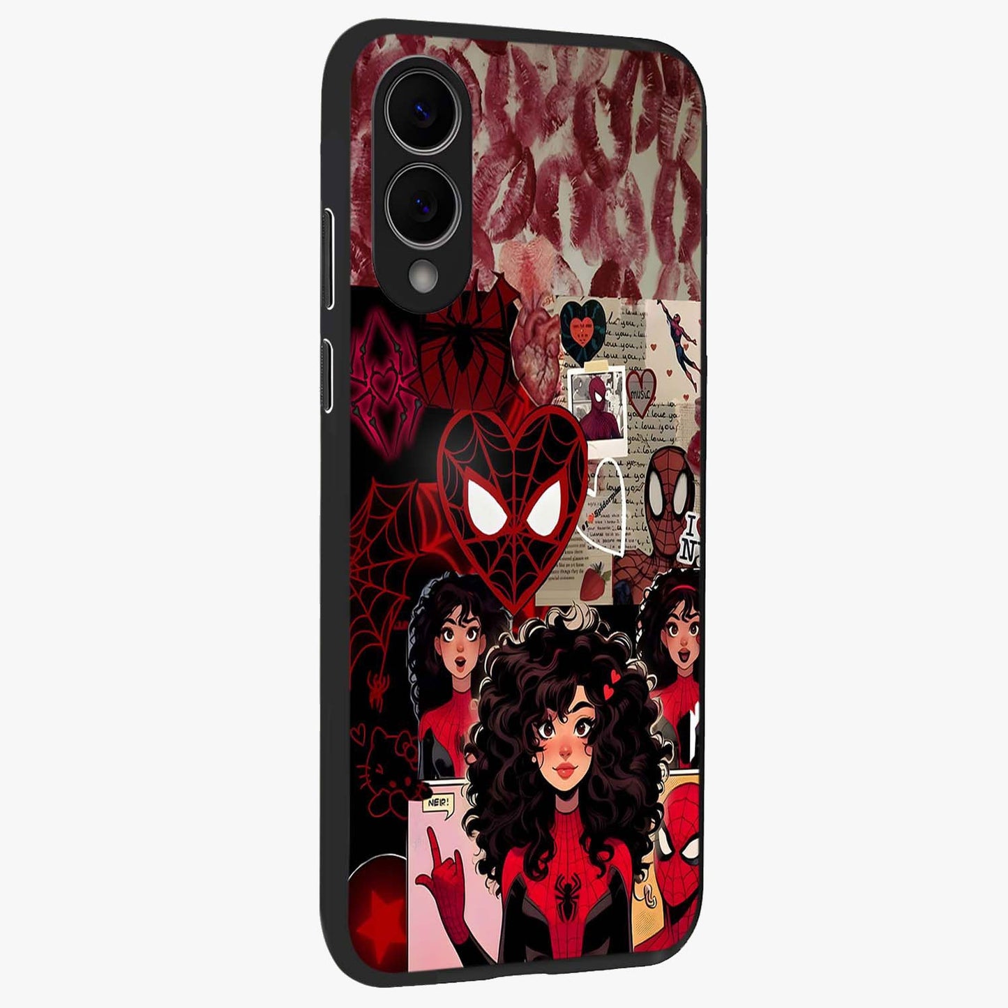 Spider Love Story Glass Case upright view showcasing charming superhero artwork with romantic comic theme.