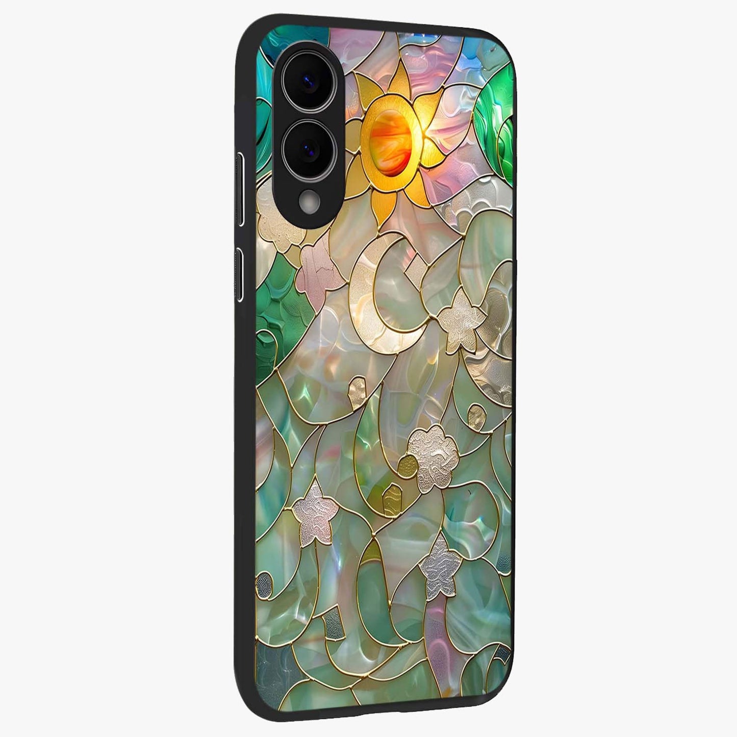 Stained Sunrise Glow Glass Case upright view showcasing colorful sunrise artwork with warm morning theme.