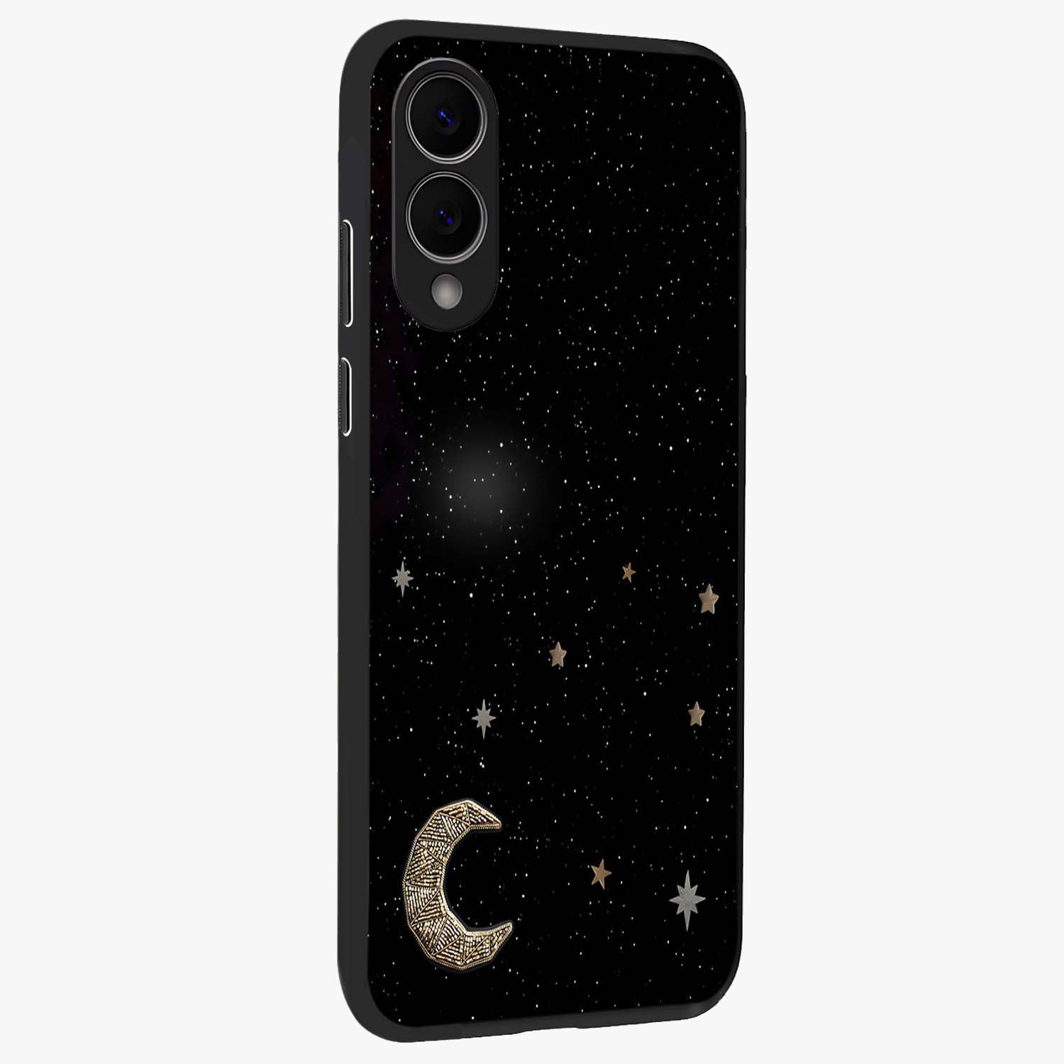 Twinkle Star With Half Moon Glass Case upright view showcasing glowing cosmic artwork with dreamy night theme.
