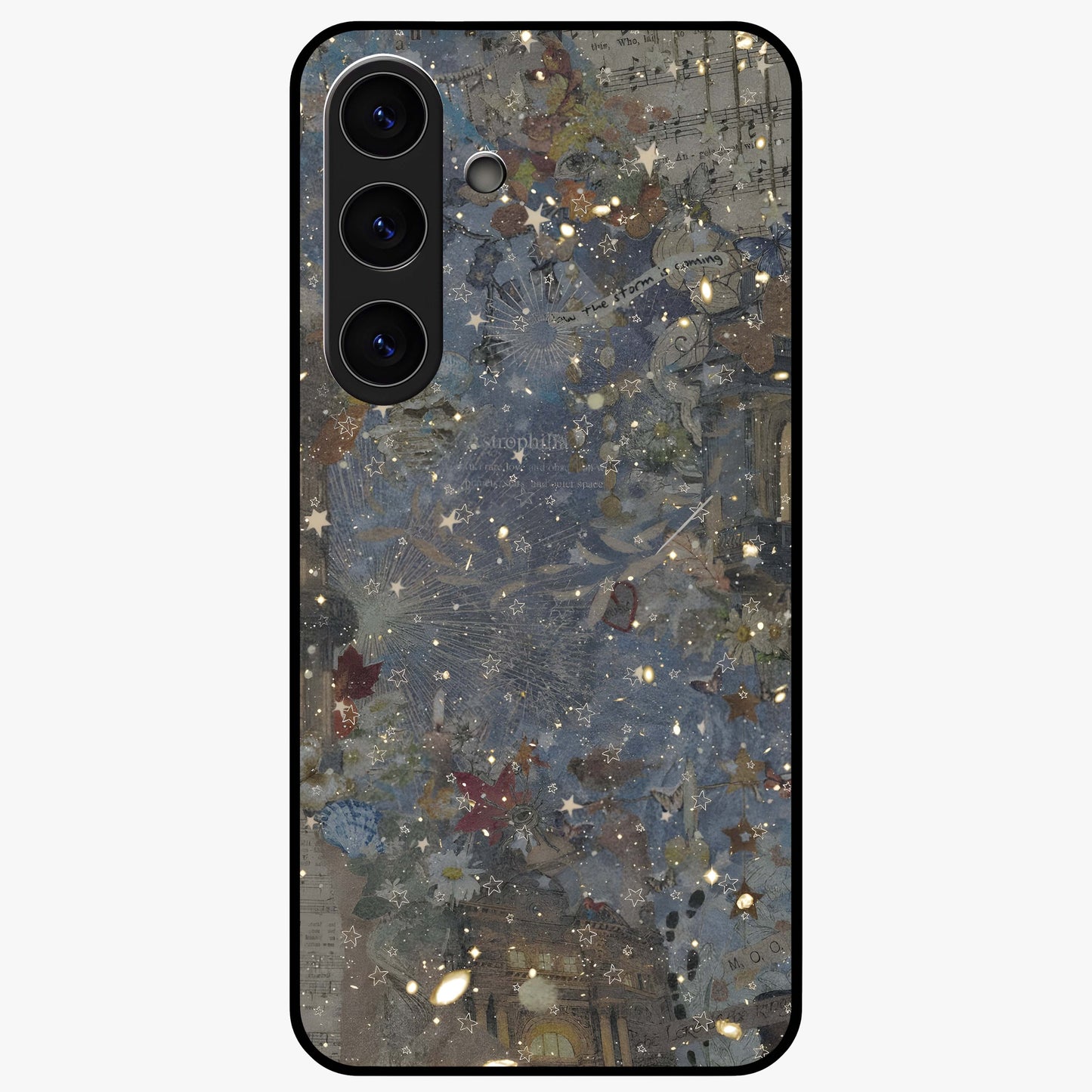 Aesthetic Astrolophia Glass Case showing flat back view with dreamy aesthetic design and glossy glass finish.