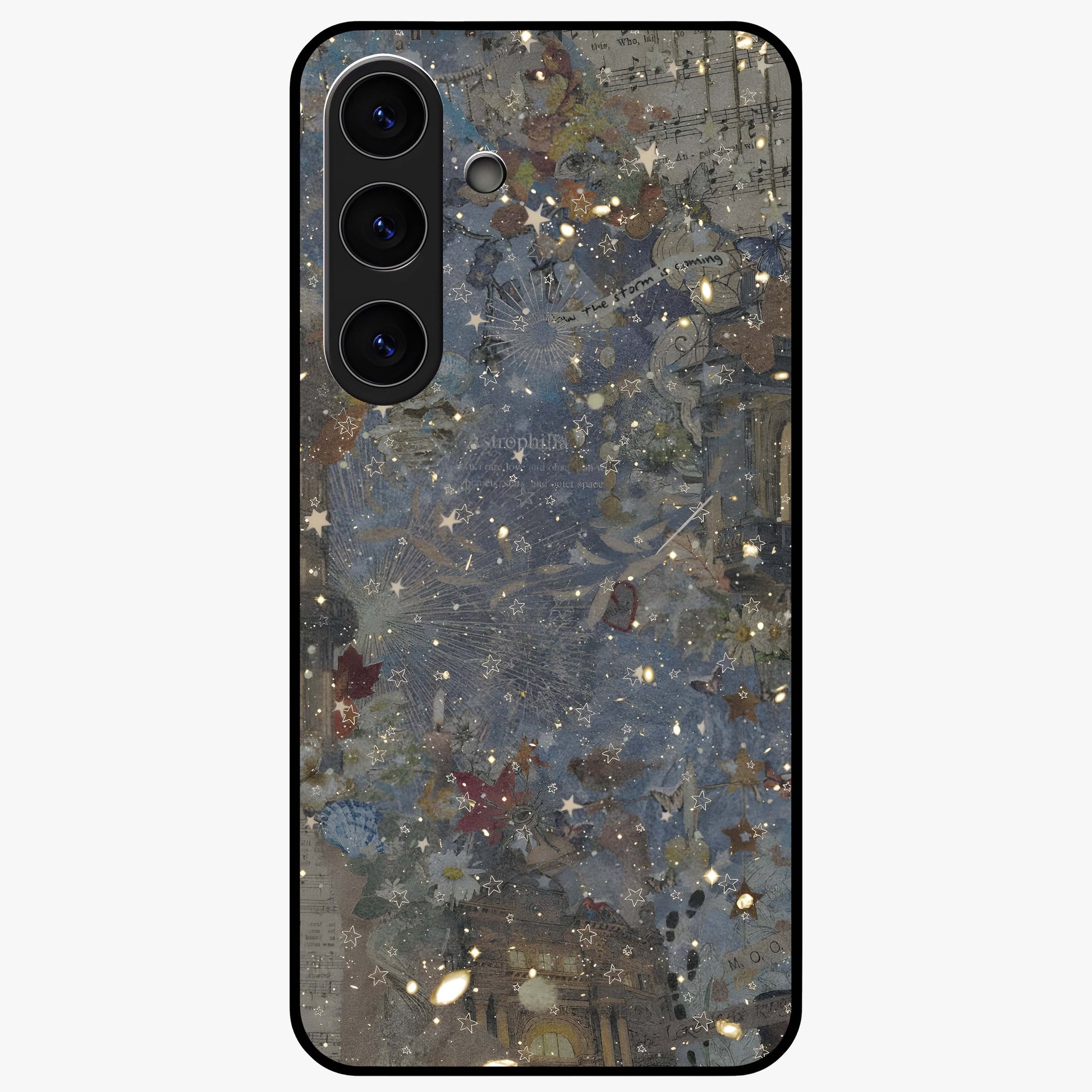 Aesthetic Astrolophia Glass Case showing flat back view with dreamy aesthetic design and glossy glass finish.