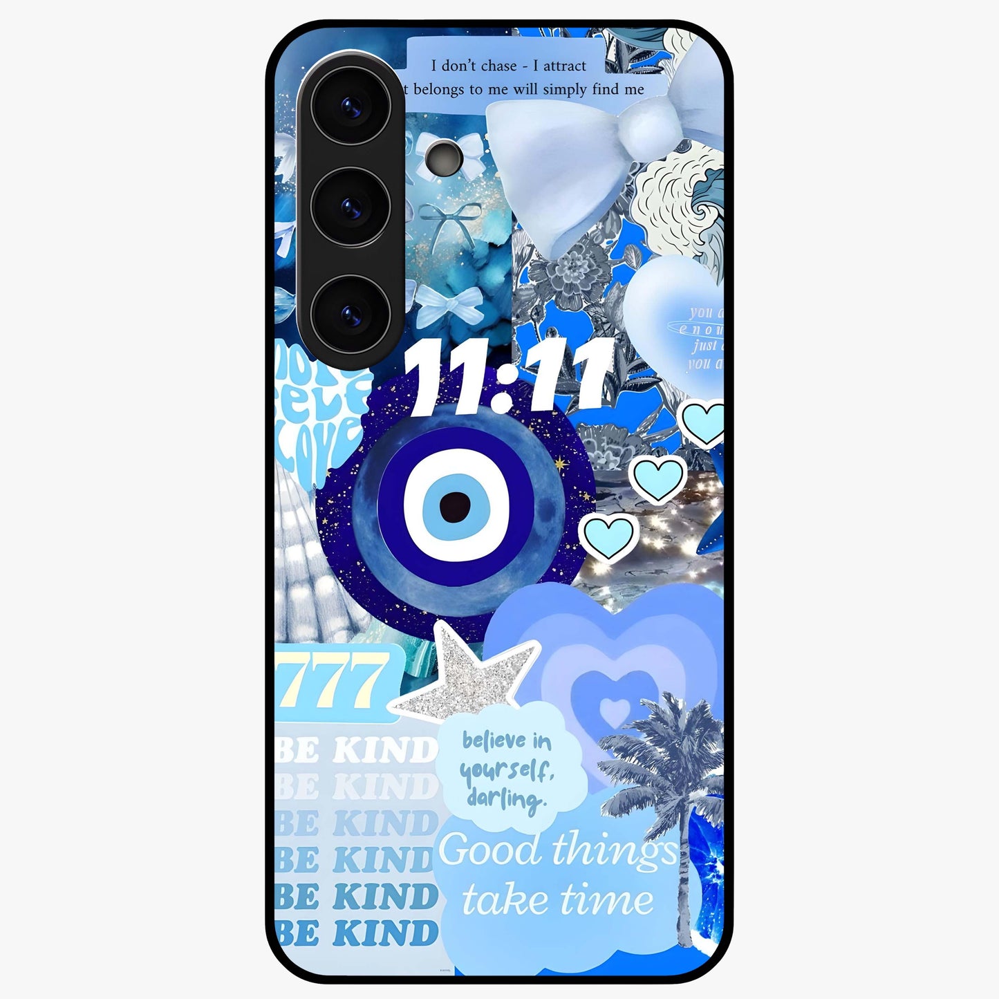 Aesthetic Be Kind Eye Glass Case showing flat back view with motivational eye artwork and glossy glass finish.