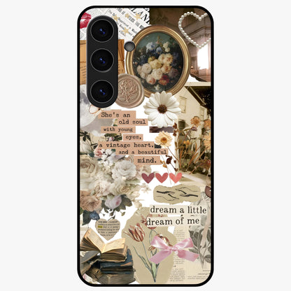 Aesthetic Brown Vintage Collage Glass Case showing flat back view with retro collage artwork and glossy glass finish.