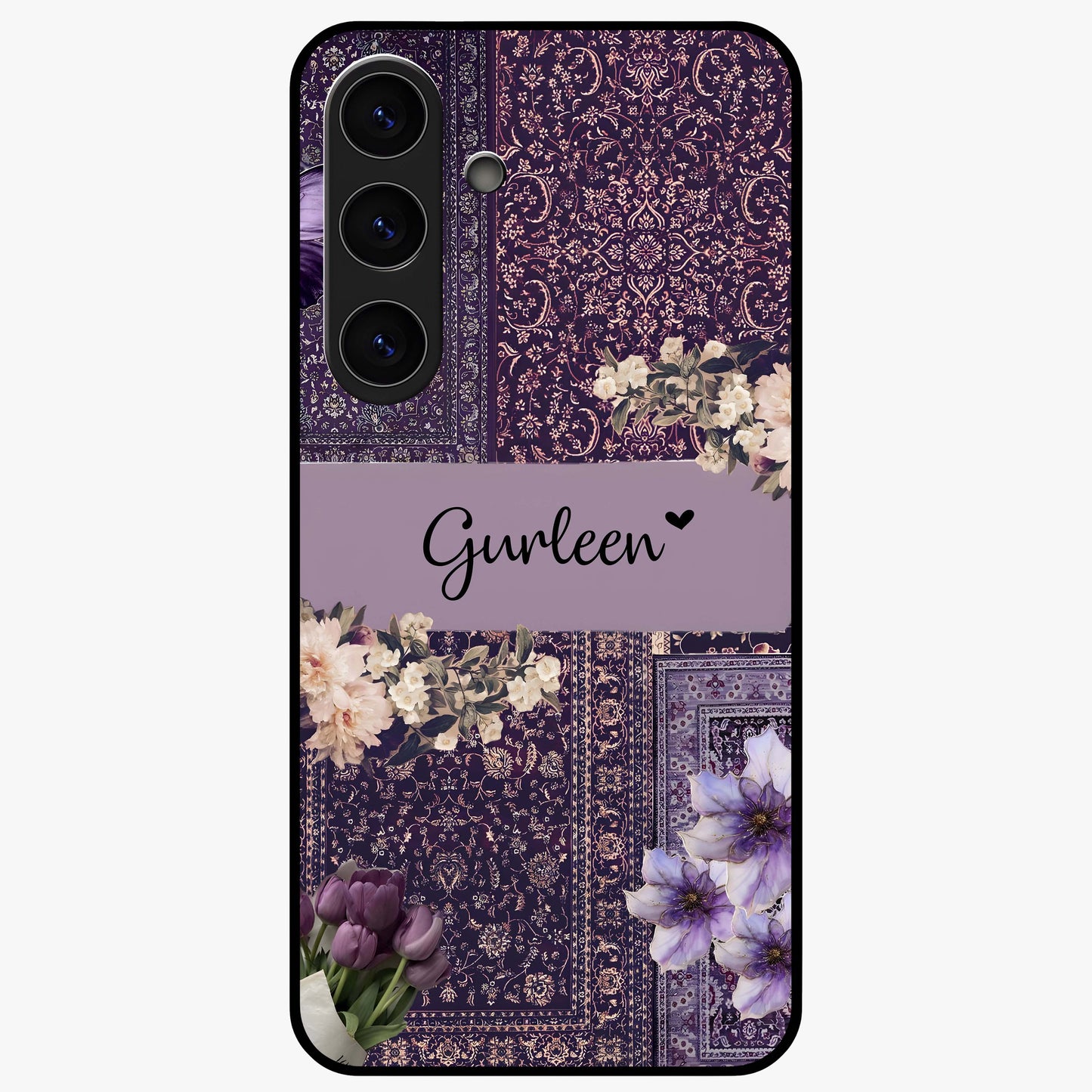 Antique Floral Whisper Custom Name Glass Case showing flat back view with vintage floral artwork and personalized name design.