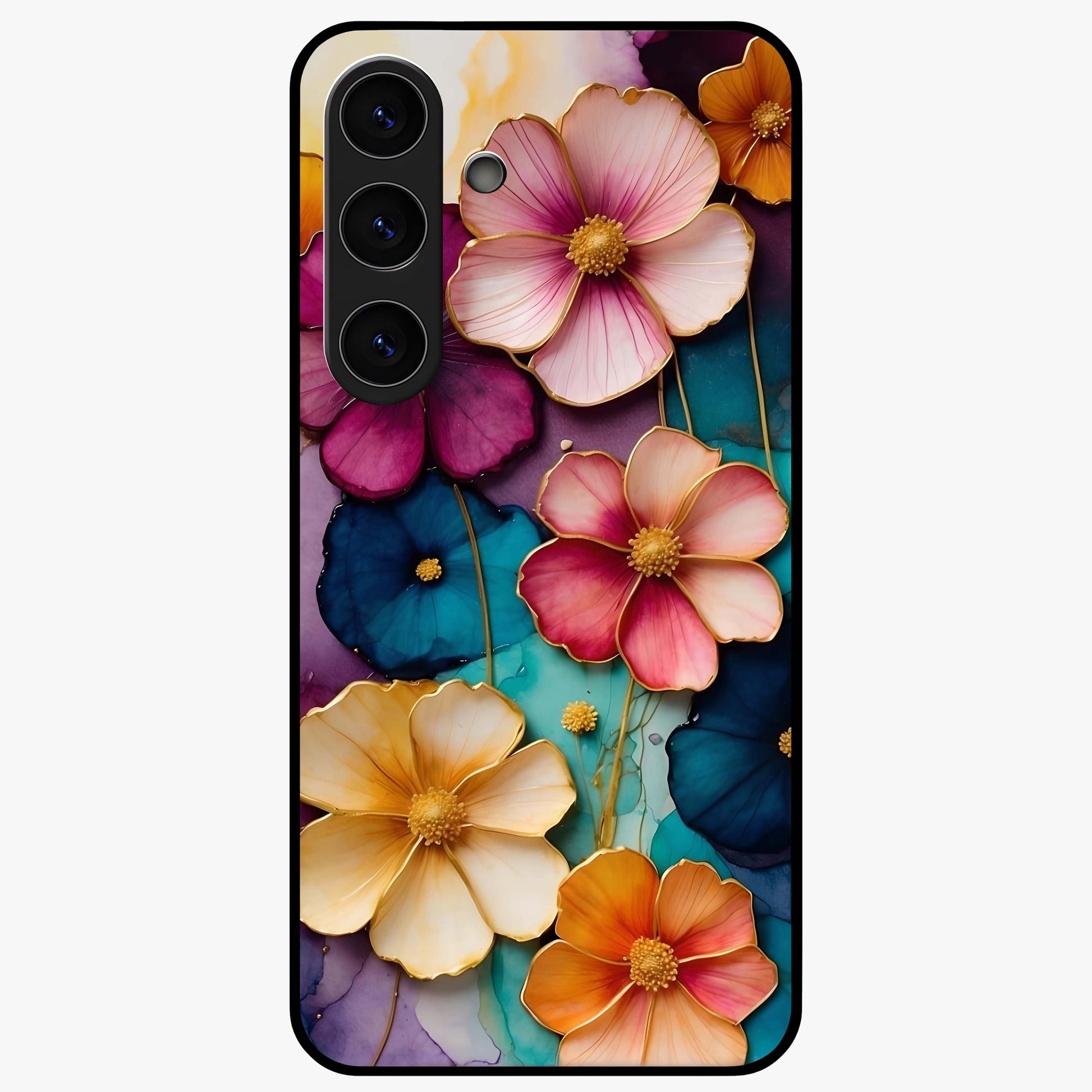 Artlyn Grace Flower Pattern Glass Case showing flat back view with elegant floral pattern artwork and glossy glass finish.