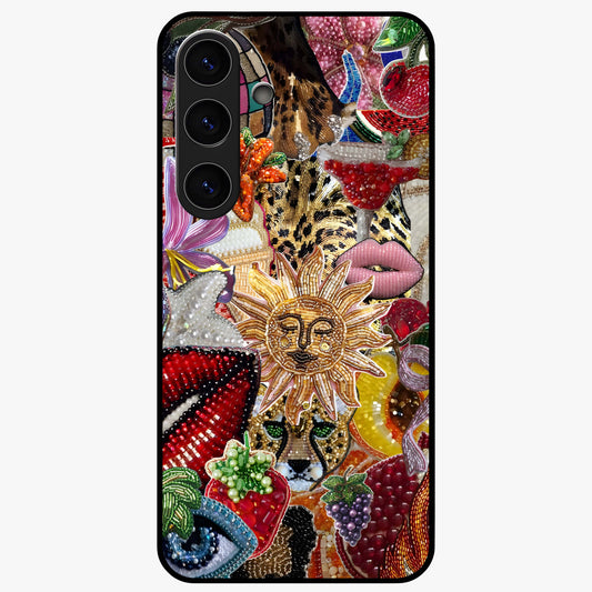 Beaded Fashion Jungle Glass Case showing flat back view with vibrant jungle inspired bead artwork and glossy glass finish.